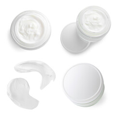 Set of body cream isolated on white, top view. Skin care product