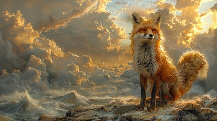 Ancient Fox on a rock cliff in a sea of clouds.