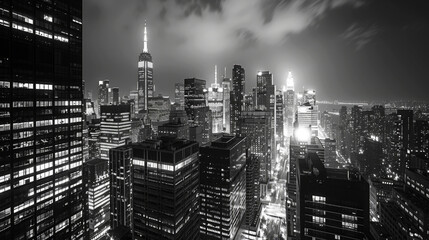 Captivating city skyline at night with illuminated buildings in monochrome