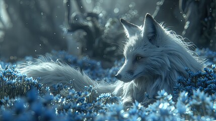 White-Tailed Fox Roaming Through Shadowed Forest, Veiled in Mystical Energies. - obrazy, fototapety, plakaty
