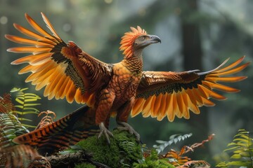 A striking depiction of a feathered dinosaur with outstretched wings against a misty forest...