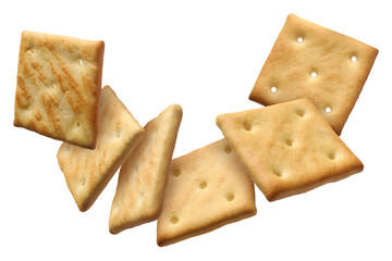 Tasty dry square crackers flying on white background