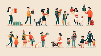 Fototapeta na wymiar Isolated cute holiday people element set on beige background with pet dog, children, and adults bringing gifts.
