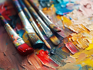 Fototapeta premium Close-up of an artist's palette with colorful oil paints and brushes