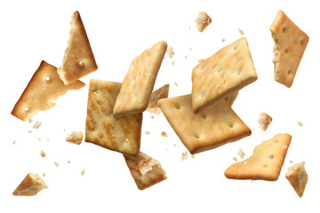 Tasty dry crackers falling on white background