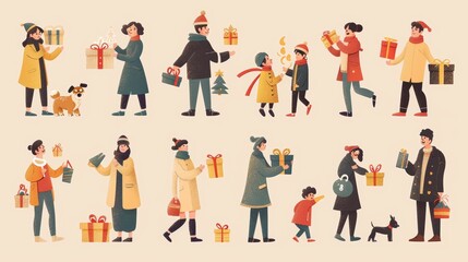 Isolated set of cute holiday people. Includes dog, kids, and adults bringing gifts and greeting one another.