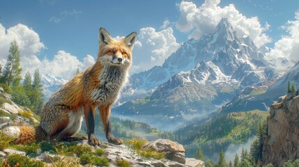 Ancient Fox Standing Tall on Cliff Edge, Overlooking Mystical Realm with Vigilant Eyes.