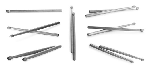 Plastic drum sticks isolated on white, set