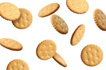 Tasty dry round crackers falling on white background