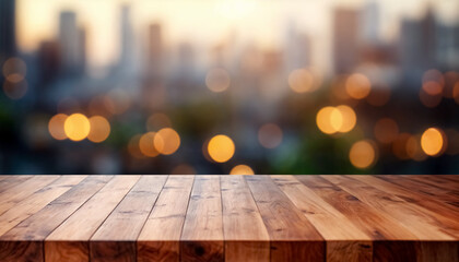 Empty wooden table top with blurred abstract cityscape at night with golden bokeh lights. Modern display or montage products.
