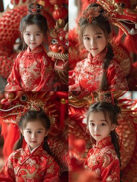 AI Image Generator Chinese women and Chinese girl in Gorgeous red Hanfu, sitting on a chinese red dragon, the background is chinese new year, there is a hazy feeling
