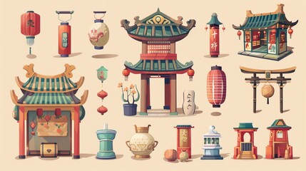 Animated Chinese new year market elements isolated on a beige background.