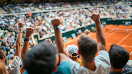 A group of people are cheering at a tennis match. The crowd is full of energy and excitement, with many people holding up their hands in the air. The atmosphere is lively and engaging - Powered by Adobe