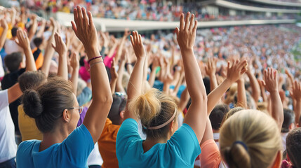 A crowd of people are in a stadium, all of them raising their hands in the air. The atmosphere is lively and energetic, with everyone cheering and clapping. The people are of various ages and genders