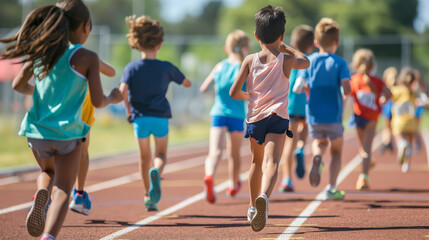 A group of children are running a race on a track. The children are wearing different colored shirts and shorts