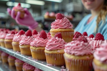 A delightful image capturing a cheerful bakery worker garnishing luxurious pink-frosted cupcakes...