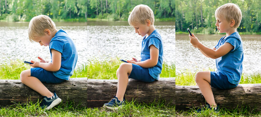 Child boy sits slouching hunched back bent,neck and straight,looks phone,over device.correct incorrect unhealthy curvature position posture.Preventing stooping scoliosis spine.Dependence on gadgets.