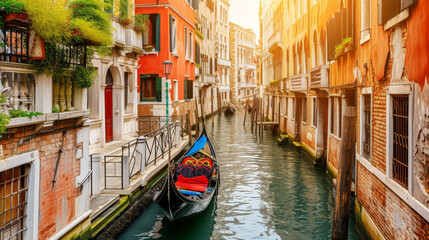 Serene gondola ride in a narrow Venice canal with historic architecture