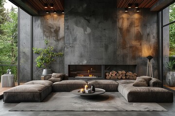An open-concept living area featuring raw concrete walls and designer furniture, perfect for a modern, urban interior design
