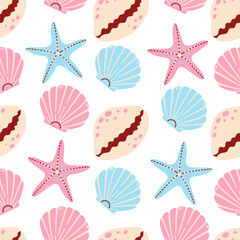 Seamless pattern with various sea shells and star fish. Sea shells seamless pattern. Trendy pattern of seashells for wrapping paper, wallpaper, stickers, notebook cover. - obrazy, fototapety, plakaty