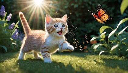 A playful kitten chases a fluttering butterfly in a sun-drenched garden, capturing a moment of innocence and discovery.. AI Generation - obrazy, fototapety, plakaty