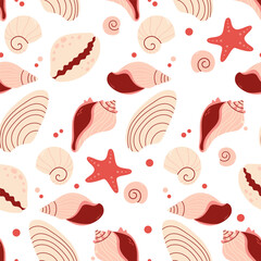 Seamless pattern with different sea shells and  starfish. Sea shells seamless pattern. Trendy pattern of seashells for wrapping paper, wallpaper, stickers, notebook cover.