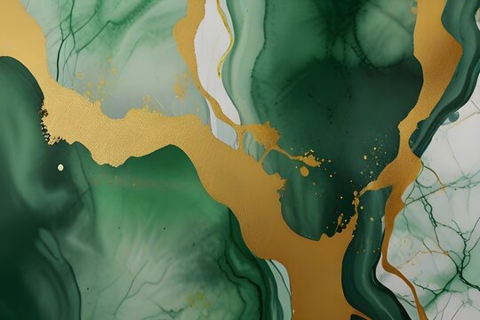 Watercolor background drawn by brush. Green paints spilled on paper. Golden shiny veins and cracked marble texture. Elegant luxury wallpaper for design, print, Generative AI