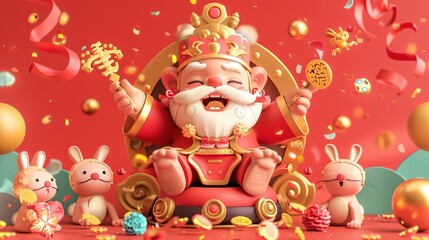 CCNY caishen and bunny illustration. God of wealth is sitting on gold ingot with festive decorations around him.