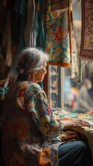 AI Generates Image, An old woman is sitting in a fabric store, lots of beautiful fabric patterns.