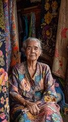 Fototapeta premium AI Generates Image, An old woman is sitting in a fabric store, lots of beautiful fabric patterns.