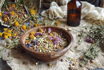 Dry medicinal herbs, flowers and plants. Natural tea. Alternative medicine