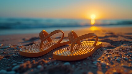 A pair of flip-flops on the beach by the sea during a sunset. - Powered by Adobe