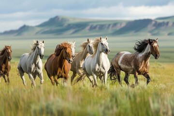 Herd of horses gallop across grassland under a blue sky - obrazy, fototapety, plakaty