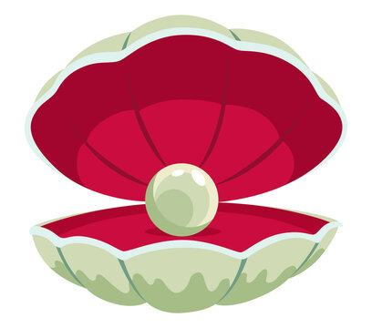 Pearl in seashell. Open seashels scallop and pearl shell icon. Beautiful pearl in clam shell in cartoon flat style.  illustration isolated on white background