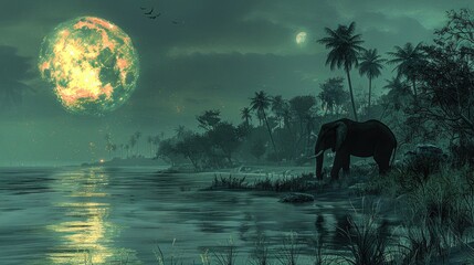 Elephant Silhouetted Against the Silver Glow of Moonlight in the Midnight Wilderness. - obrazy, fototapety, plakaty