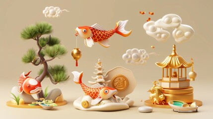 Detailed 3D auspicious CNY element set isolated on a beige background. Contains gold clouds, treasure boxes, koi fish, and japanese pine trees.