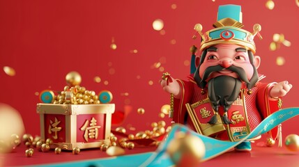 3D CNY banner. Wishing wealth comes to you. Treasure box full of gold in front on red background. Text: Welcome Caishen. Fortune has arrived.