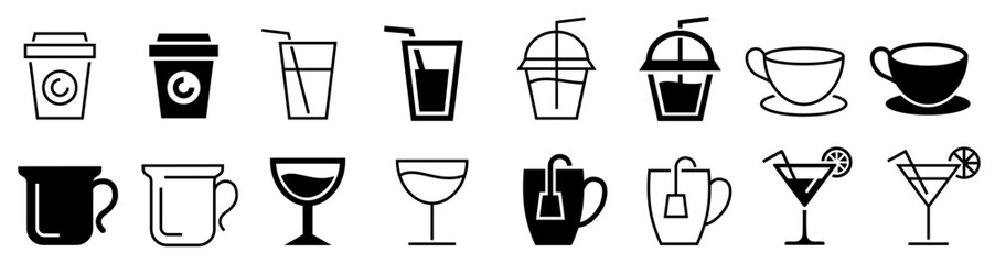 Drinks icon set. Line and flat icons. Collection isolated signs on white background. Vector illustration