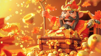 Three-dimensional orange CNY banner with god of wealth emerging from a wooden treasure chest full of gold against an orange background. Text reads: Welcome Caishen, may wealth come to you.