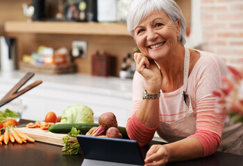 Portrait, old woman and video of cooking and tablet in kitchen and watch for learning, meal prep...