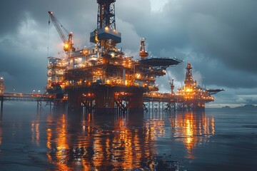 An illuminated drilling platform stands stark against night sky, reflecting the 24/7 operations