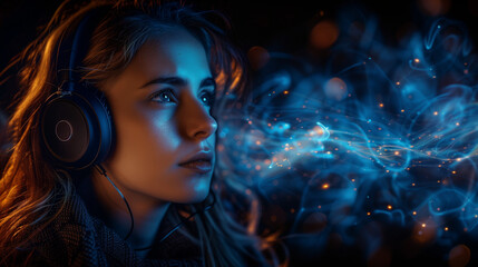 woman listening music from headphone
