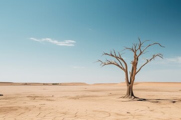 A solitary dead tree stands in an expansive desert landscape under a clear sky, embodying isolation and desolation. Lone Tree in Vast Desert Landscape