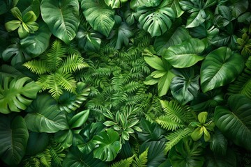 A vibrant and dense collection of tropical leaves, creating a full frame of lush greenery and intricate plant details