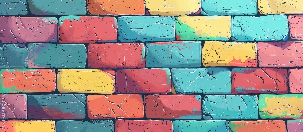 Poster vivid brick wall covered in multiple layers of paint creating a vibrant and textured background