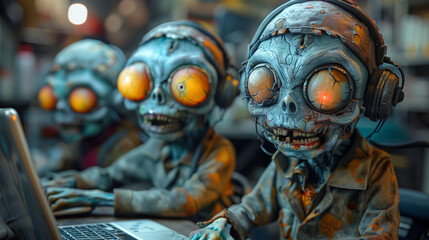 zombie working with laptop, work hard until death concept - obrazy, fototapety, plakaty