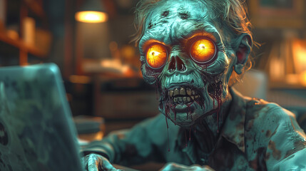 zombie working with laptop, work hard until death concept - obrazy, fototapety, plakaty