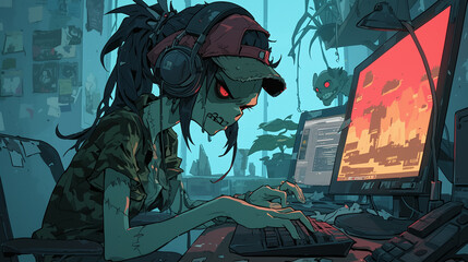 zombie working with laptop, work hard until death concept