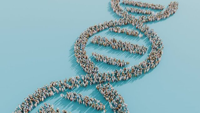 DNA double helix structure composed of diverse human figures on a light blue background.