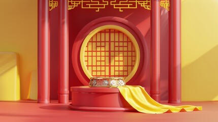 3D illustration of a classic Chinese structure with a traditional window background. Yellow tones with a maroon cylinder pedestal.